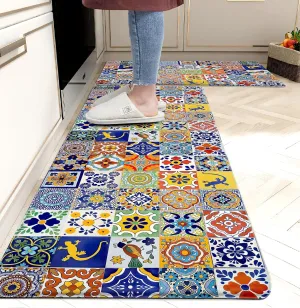 weesire Boho Kitchen Rugs Set 2 Pieces Memory Foam Colorful Ceramic Comfort Tile Floor Mat Anti Fatigue Non-Skid PVC Runner Rug Water & Oil Proof Carpet for Kitchen Laundry Sink,17.3x28 17.3x47 Inch