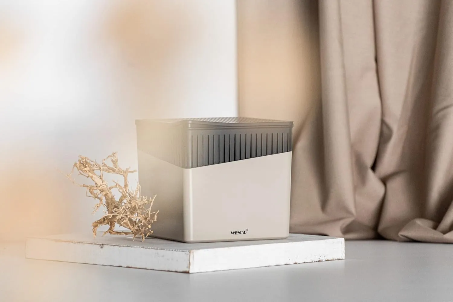 WENKO Portable Dehumidifier Cube Design, Compact and Rechargeable Dehumidifier for Bathroom, Closet, Bedroom, Garage, Covers up to 2800 Cubic Feet, 2.2lbs, Beige, 6.18 x 6.5 x 6.5