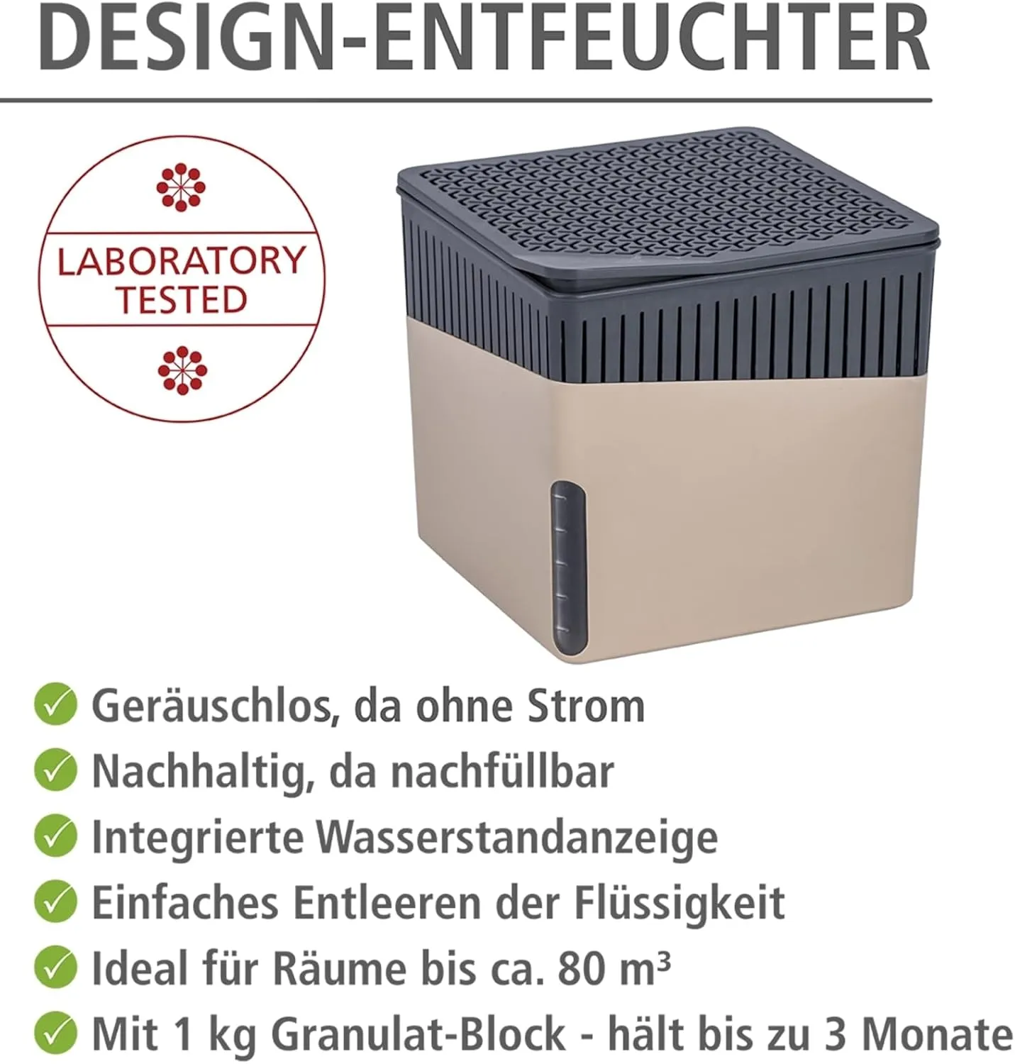 WENKO Portable Dehumidifier Cube Design, Compact and Rechargeable Dehumidifier for Bathroom, Closet, Bedroom, Garage, Covers up to 2800 Cubic Feet, 2.2lbs, Beige, 6.18 x 6.5 x 6.5
