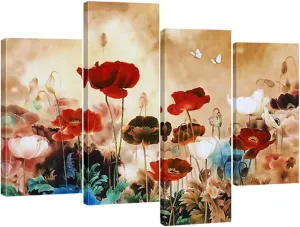 Wieco Art Blooming Poppies Large Colorful Flowers Canvas Prints Wall Art Floral Giclee Pictures Paintings for Living Room Bedroom Home Decorations Modern 4 Panels Stretched and Framed Artwork XL