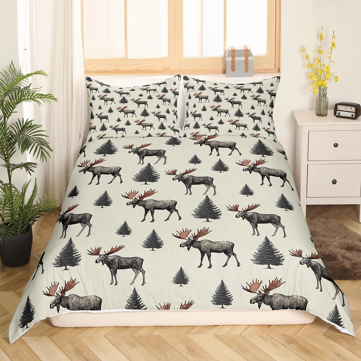 Wild Moose Toddler Duvet Cover 2 Pcs,Jungle Gray Pine Trees Decor Bedding Sets for Kids Teens Adults,Lodge Cabin Jungle Animals Deer Antlers Quilt Cover with 1 Pillowcase,No Comforter
