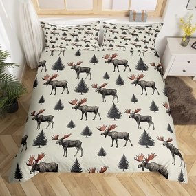 Wild Moose Toddler Duvet Cover 2 Pcs,Jungle Gray Pine Trees Decor Bedding Sets for Kids Teens Adults,Lodge Cabin Jungle Animals Deer Antlers Quilt Cover with 1 Pillowcase,No Comforter