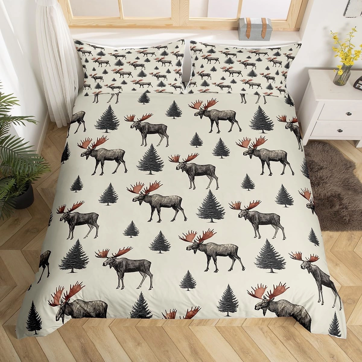 Wild Moose Toddler Duvet Cover 2 Pcs,Jungle Gray Pine Trees Decor Bedding Sets for Kids Teens Adults,Lodge Cabin Jungle Animals Deer Antlers Quilt Cover with 1 Pillowcase,No Comforter