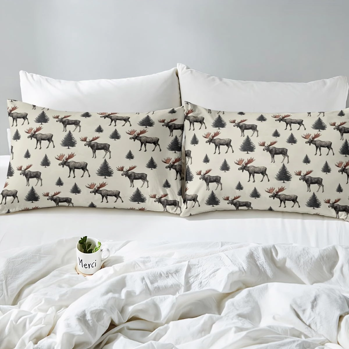 Wild Moose Toddler Duvet Cover 2 Pcs,Jungle Gray Pine Trees Decor Bedding Sets for Kids Teens Adults,Lodge Cabin Jungle Animals Deer Antlers Quilt Cover with 1 Pillowcase,No Comforter