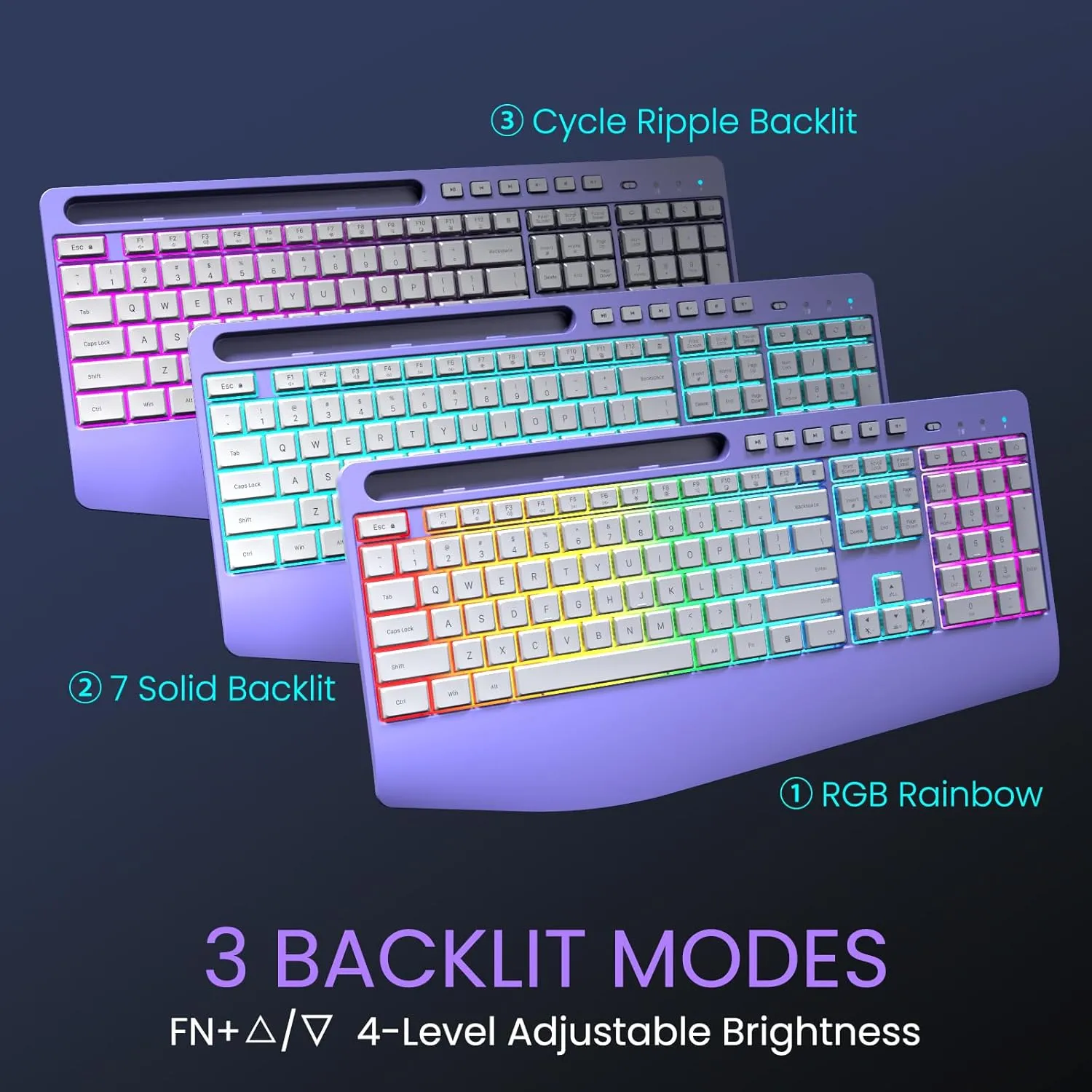 Wireless Keyboard and Mouse Combo- VEILZOR 2.4G Rechargeable Keyboard with Phone Holder, Ergonomic Wrist Rest, 9 RGB Backlit Effects, Silent Keyboard Mouse Set for Windows, Laptop, PC