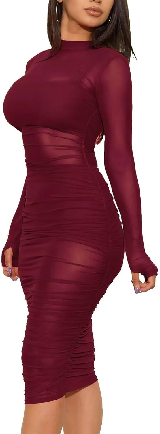 Women 3 Piece Outfits Sexy Crop Top Short Set Mesh See-Through Ruched Bodycon Midi Dress Clubwear