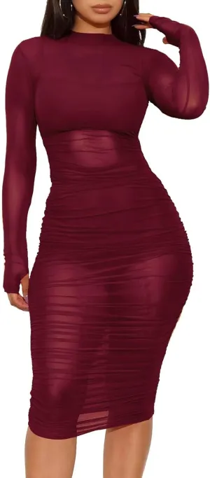 Women 3 Piece Outfits Sexy Crop Top Short Set Mesh See-Through Ruched Bodycon Midi Dress Clubwear