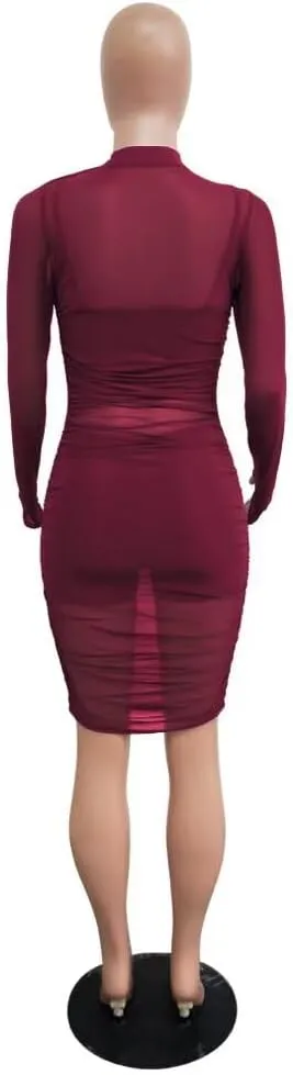 Women 3 Piece Outfits Sexy Crop Top Short Set Mesh See-Through Ruched Bodycon Midi Dress Clubwear
