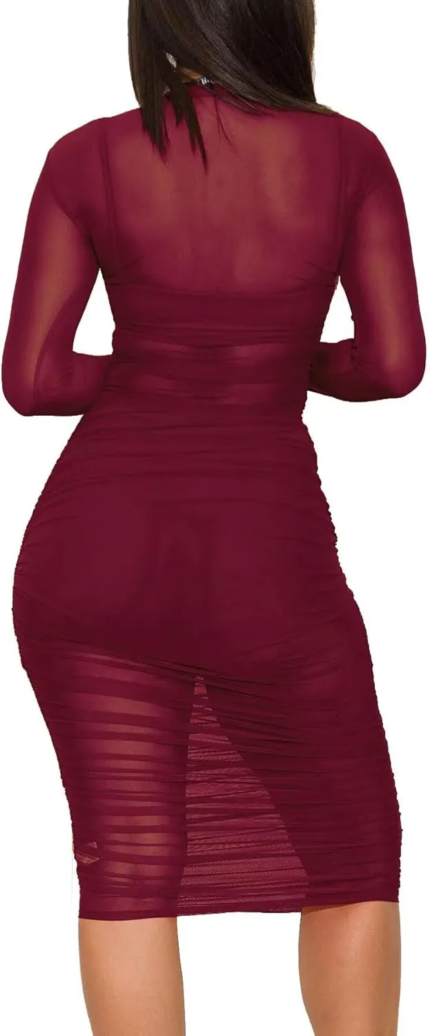 Women 3 Piece Outfits Sexy Crop Top Short Set Mesh See-Through Ruched Bodycon Midi Dress Clubwear