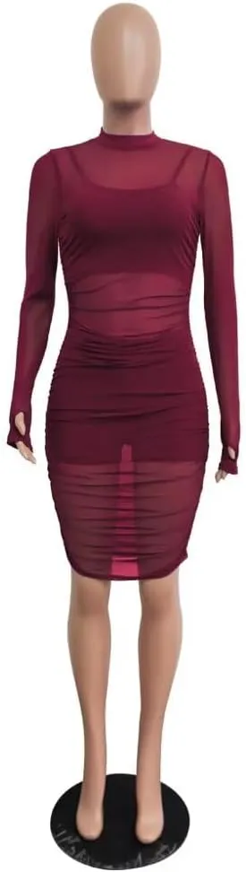 Women 3 Piece Outfits Sexy Crop Top Short Set Mesh See-Through Ruched Bodycon Midi Dress Clubwear