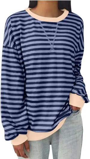 Women Fall Sweatshirts Fashion Striped Print Pullover Long Sleeve Lightweight Loose Casual Sweatshirt
