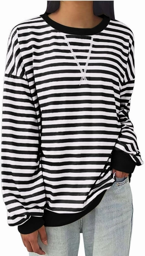 Women Fall Sweatshirts Fashion Striped Print Pullover Long Sleeve Lightweight Loose Casual Sweatshirt