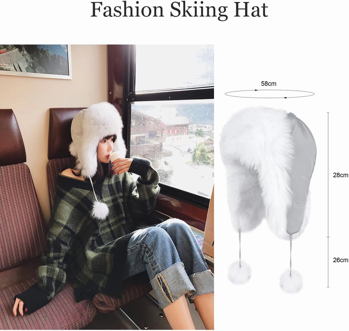 Women Fashion Trapper Hat Girl Winter Skiing Hat Ear-Flap Faux Fur Warm Aviator Hat Windproof Russia Hooded with Furry Ball