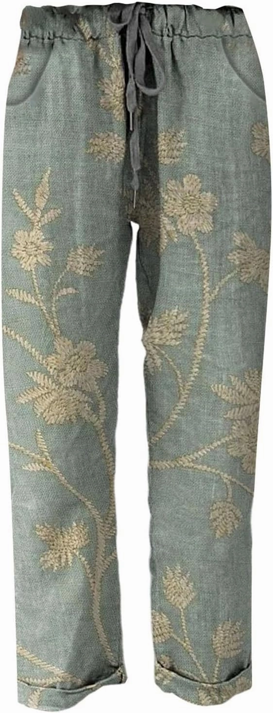 Women Linen Straight Leg Pant High Waist Drawstring Waistband Roll-up Leg Trouser Street Hip Hop Palazzo Casual Pants