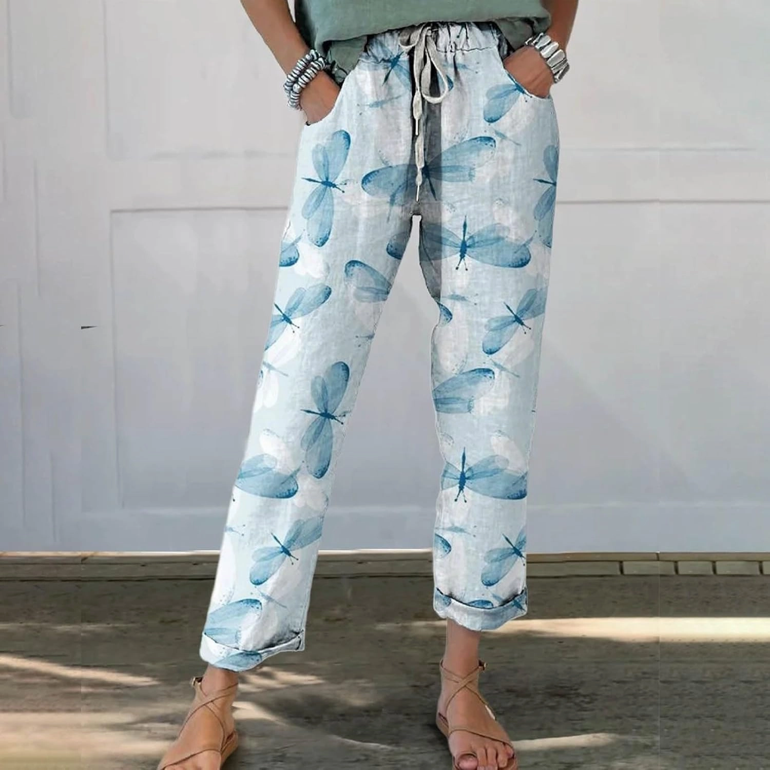 Women Linen Straight Leg Pant High Waist Drawstring Waistband Roll-up Leg Trouser Street Hip Hop Palazzo Casual Pants