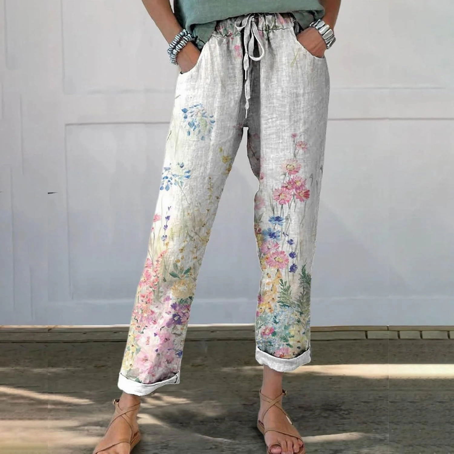 Women Linen Straight Leg Pant High Waist Drawstring Waistband Roll-up Leg Trouser Street Hip Hop Palazzo Casual Pants