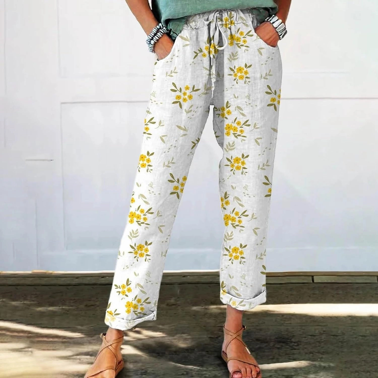 Women Linen Straight Leg Pant High Waist Drawstring Waistband Roll-up Leg Trouser Street Hip Hop Palazzo Casual Pants