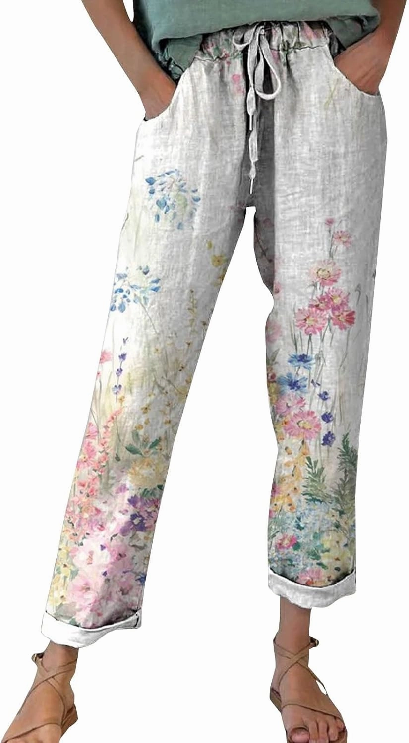 Women Linen Straight Leg Pant High Waist Drawstring Waistband Roll-up Leg Trouser Street Hip Hop Palazzo Casual Pants