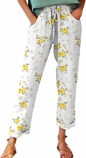 Women Linen Straight Leg Pant High Waist Drawstring Waistband Roll-up Leg Trouser Street Hip Hop Palazzo Casual Pants