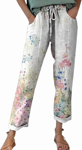 Women Linen Straight Leg Pant High Waist Drawstring Waistband Roll-up Leg Trouser Street Hip Hop Palazzo Casual Pants