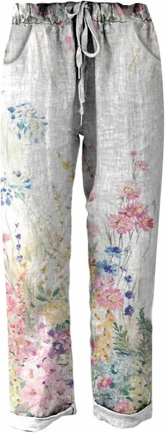 Women Linen Straight Leg Pant High Waist Drawstring Waistband Roll-up Leg Trouser Street Hip Hop Palazzo Casual Pants
