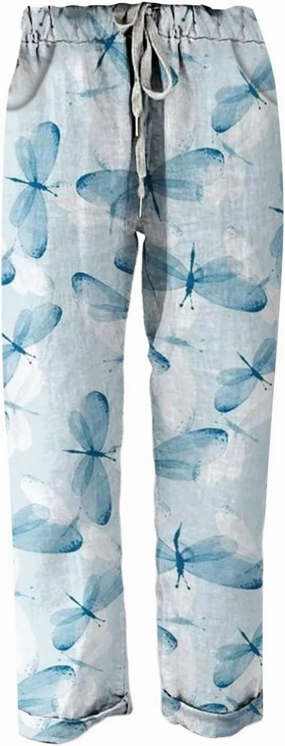 Women Linen Straight Leg Pant High Waist Drawstring Waistband Roll-up Leg Trouser Street Hip Hop Palazzo Casual Pants