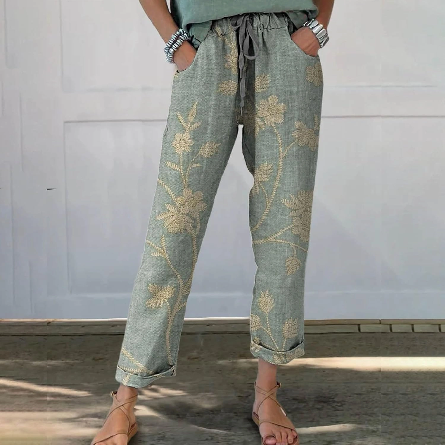 Women Linen Straight Leg Pant High Waist Drawstring Waistband Roll-up Leg Trouser Street Hip Hop Palazzo Casual Pants
