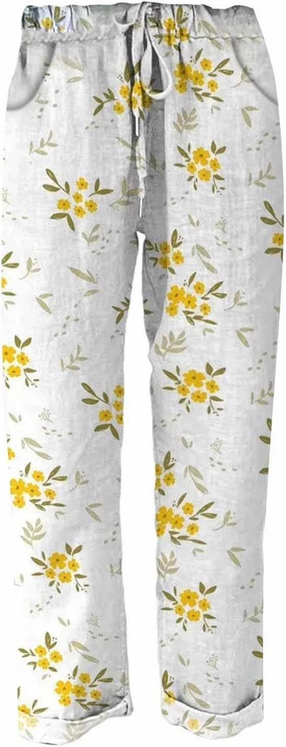 Women Linen Straight Leg Pant High Waist Drawstring Waistband Roll-up Leg Trouser Street Hip Hop Palazzo Casual Pants