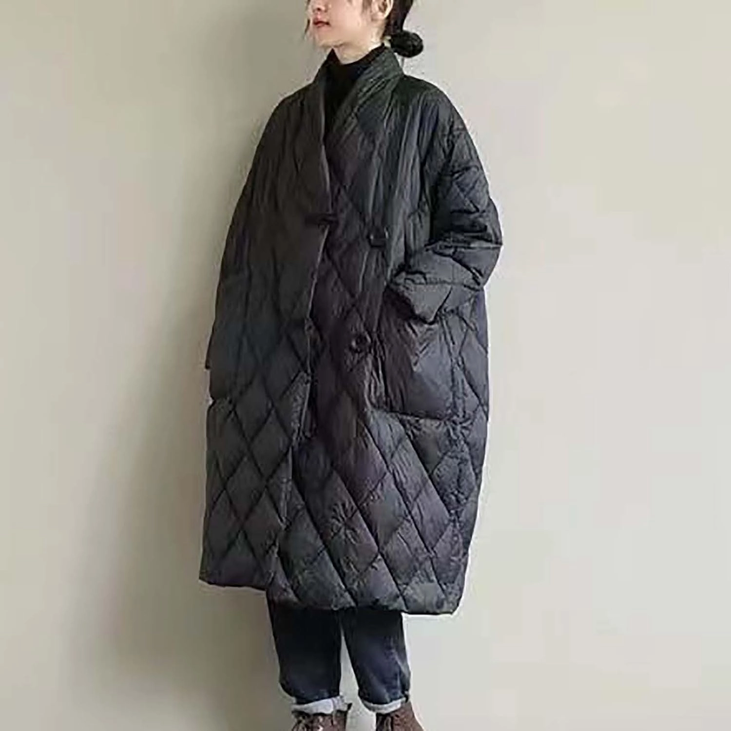 Women Long Baggy Winter Puffer Coats Collarless Cotton-Padded Jacket Button Long Sleeve Pockets Warm Quilted Outerwear