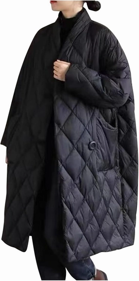 Women Long Baggy Winter Puffer Coats Collarless Cotton-Padded Jacket Button Long Sleeve Pockets Warm Quilted Outerwear