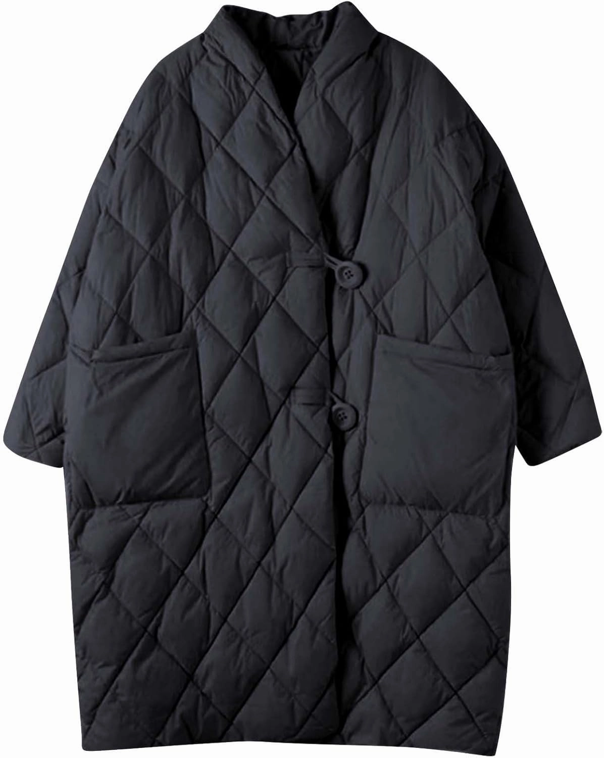 Women Long Baggy Winter Puffer Coats Collarless Cotton-Padded Jacket Button Long Sleeve Pockets Warm Quilted Outerwear