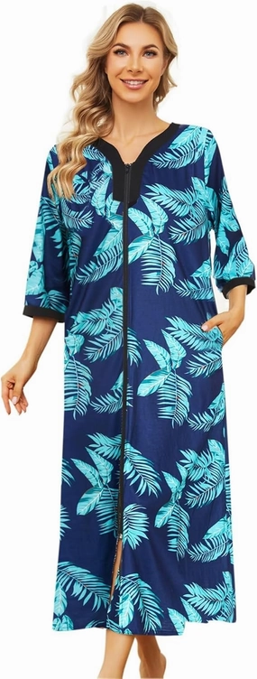 Women Robes Zipper Front Nightgown Half Sleeve House Dress Full Length Duster Housecoat with Pockets Loungewear S-3XL