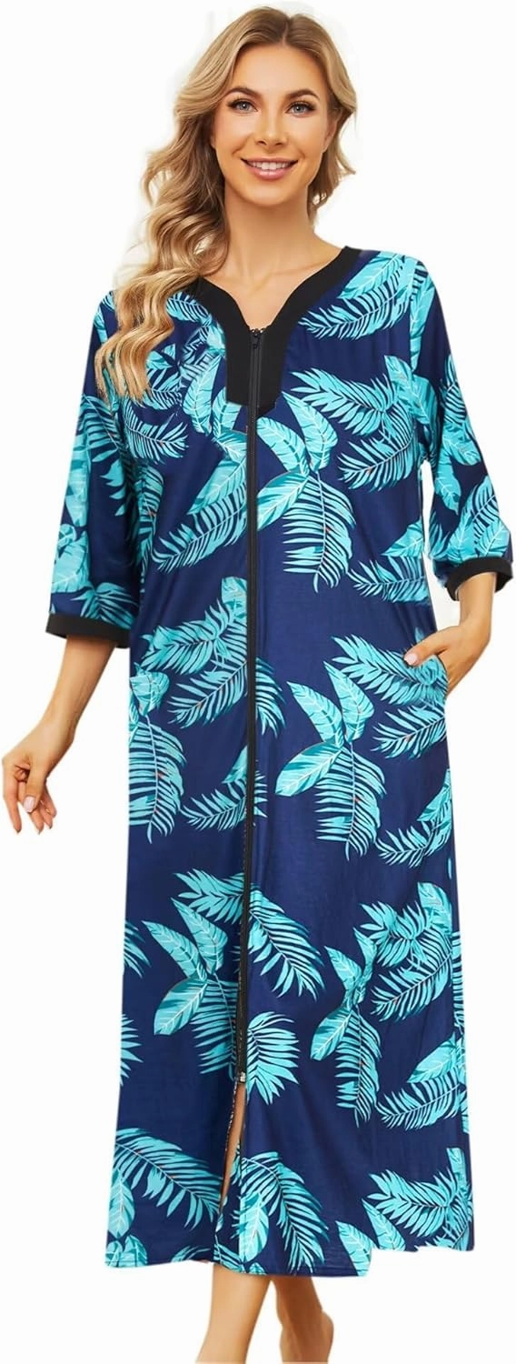 Women Robes Zipper Front Nightgown Half Sleeve House Dress Full Length Duster Housecoat with Pockets Loungewear S-3XL