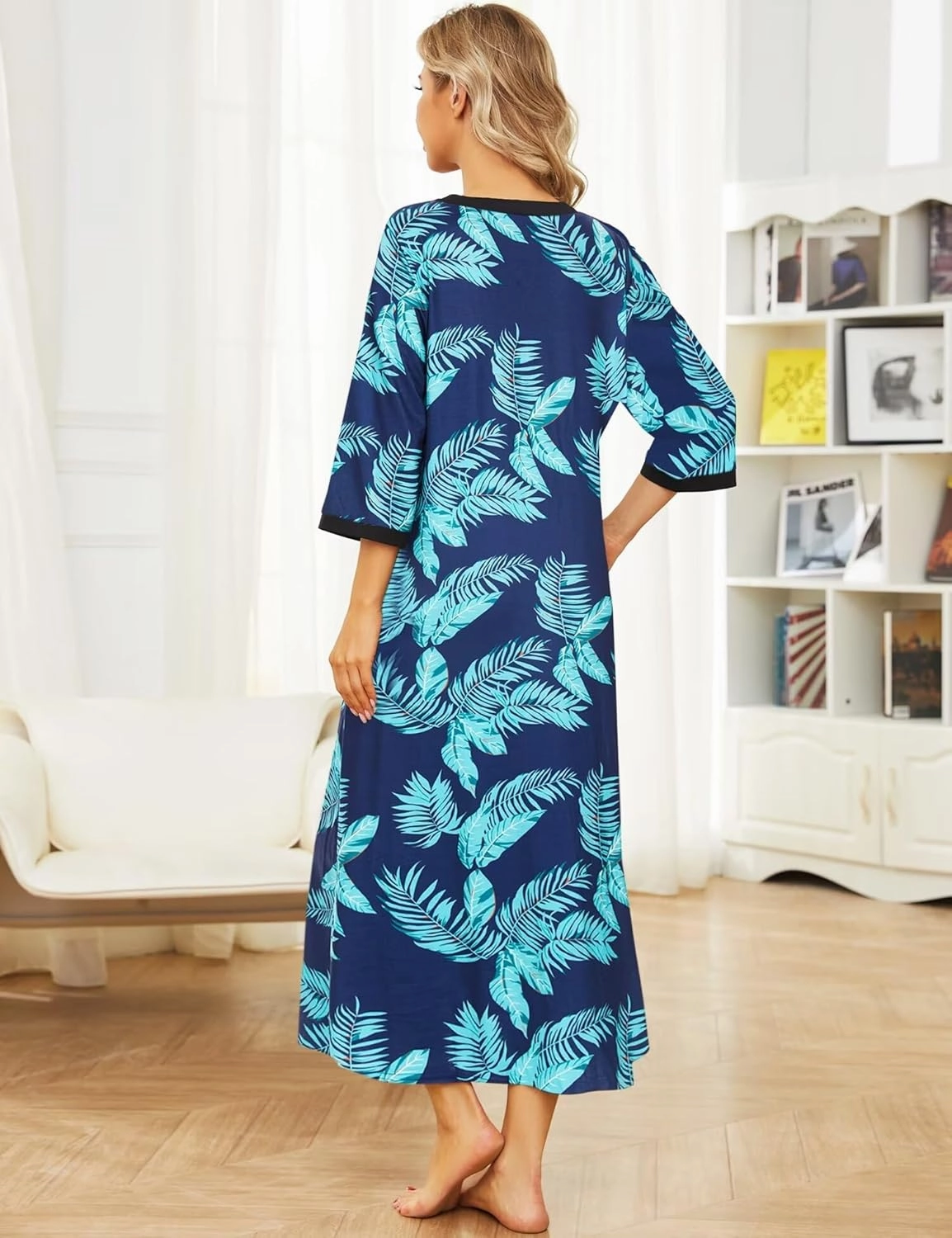 Women Robes Zipper Front Nightgown Half Sleeve House Dress Full Length Duster Housecoat with Pockets Loungewear S-3XL