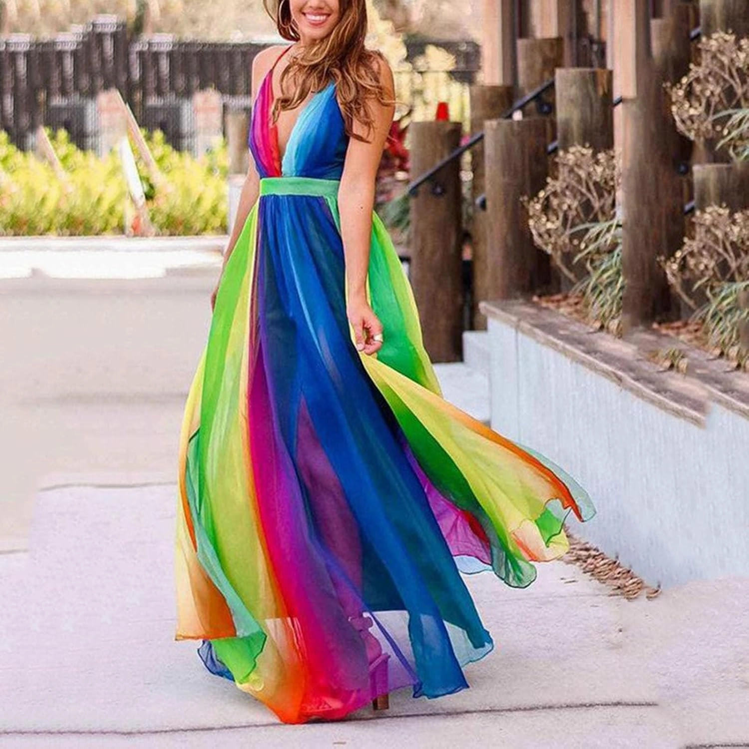 Women's Border New Suspender Sexy Deep V Rainbow Chiffon Suspender Fresh Comfy Temperament Elegant Sexy Dress
