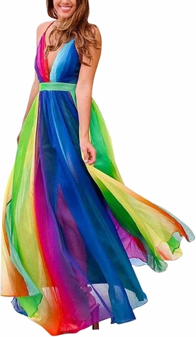 Women's Border New Suspender Sexy Deep V Rainbow Chiffon Suspender Fresh Comfy Temperament Elegant Sexy Dress