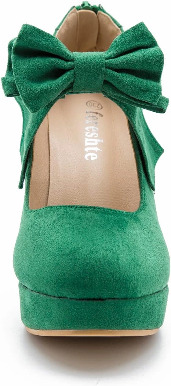Women's Bow Heels Mary Jane High Heel Closed Toe Platform Vintage Dress Pumps