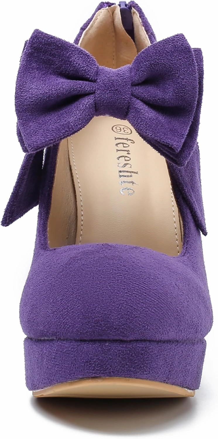 Women's Bow Heels Mary Jane High Heel Closed Toe Platform Vintage Dress Pumps