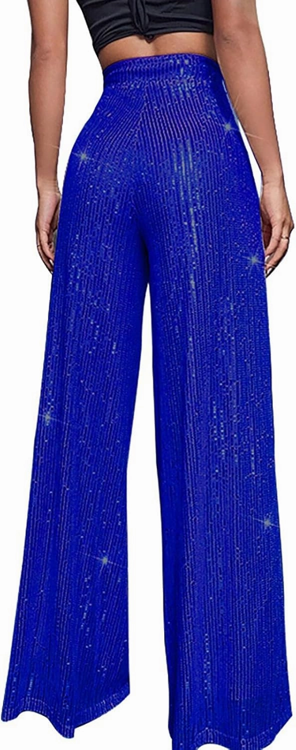Women's High Waisted Sequin Pants Trendy Carnival Evening Party Sparkly Trousers Oversized Baggy Wide Leg Casual Pant