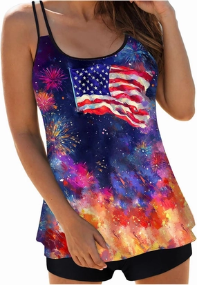 Women's Round Neck Bikini Sets Hollow Out Two Piece Swimsuits Cutout American Flag Print Mid Waist Bathing Suit