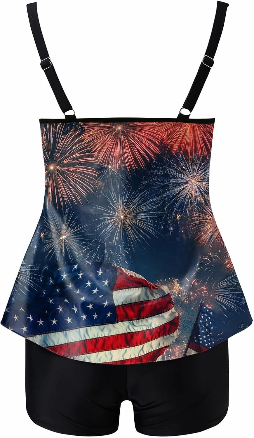 Women's Round Neck Bikini Sets Hollow Out Two Piece Swimsuits Cutout American Flag Print Mid Waist Bathing Suit