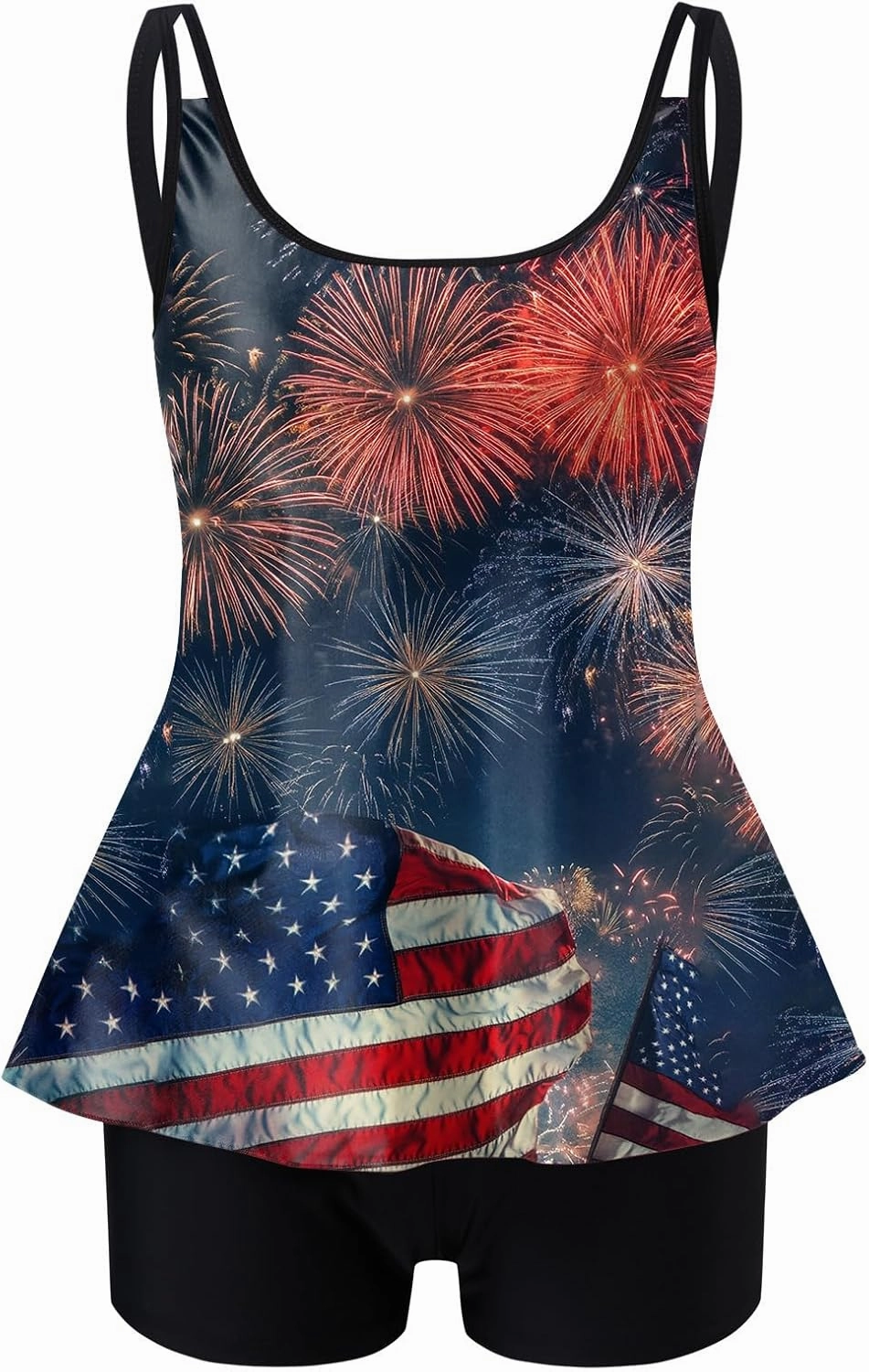 Women's Round Neck Bikini Sets Hollow Out Two Piece Swimsuits Cutout American Flag Print Mid Waist Bathing Suit