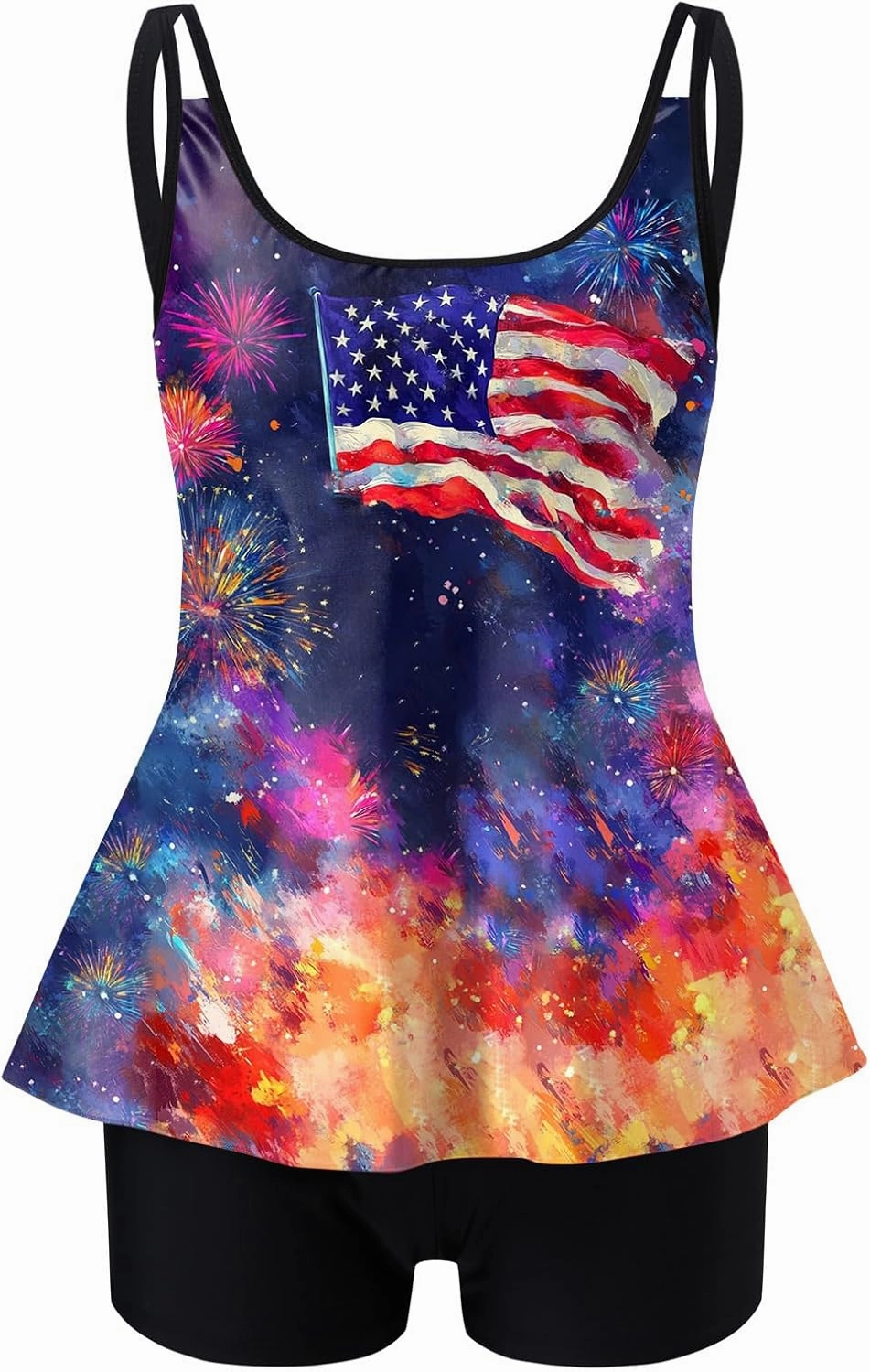 Women's Round Neck Bikini Sets Hollow Out Two Piece Swimsuits Cutout American Flag Print Mid Waist Bathing Suit