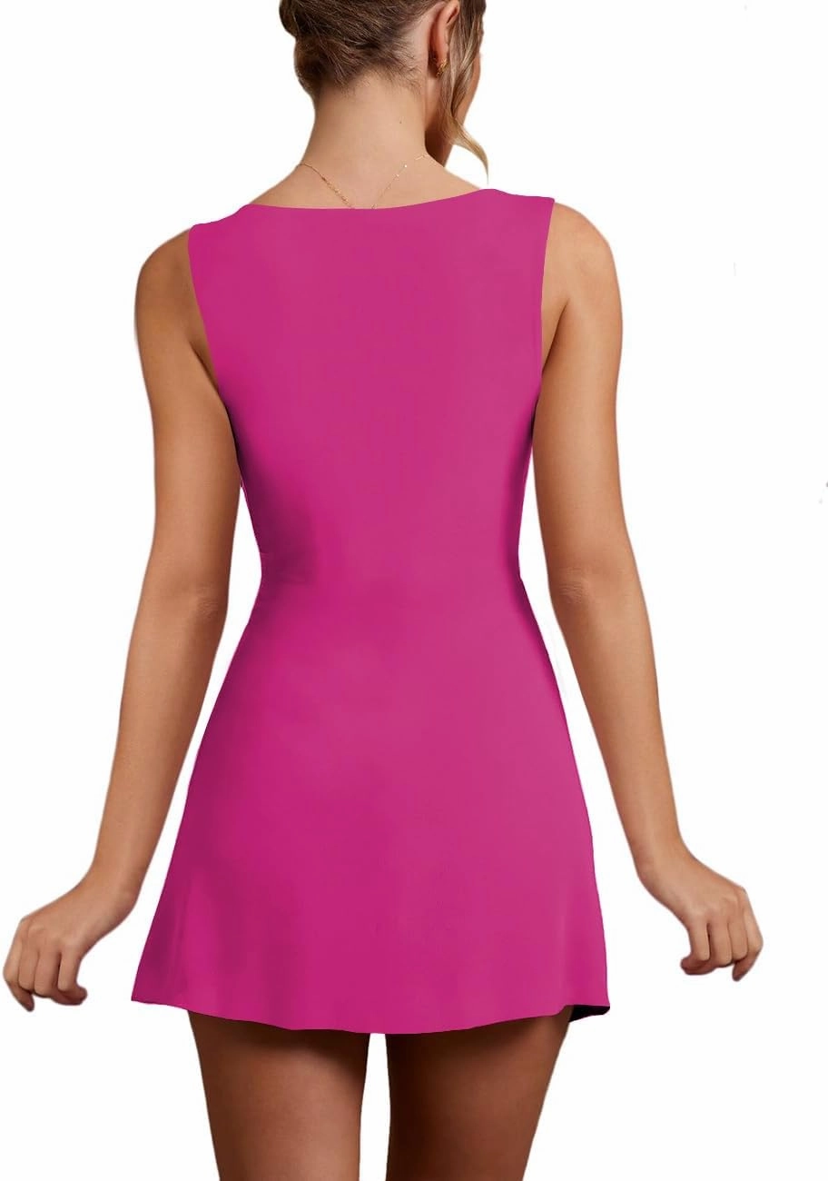 Women’s Sexy Sleeveless Square Neck Bodycon Ruched Split Party Club Mini Tank Short Dress