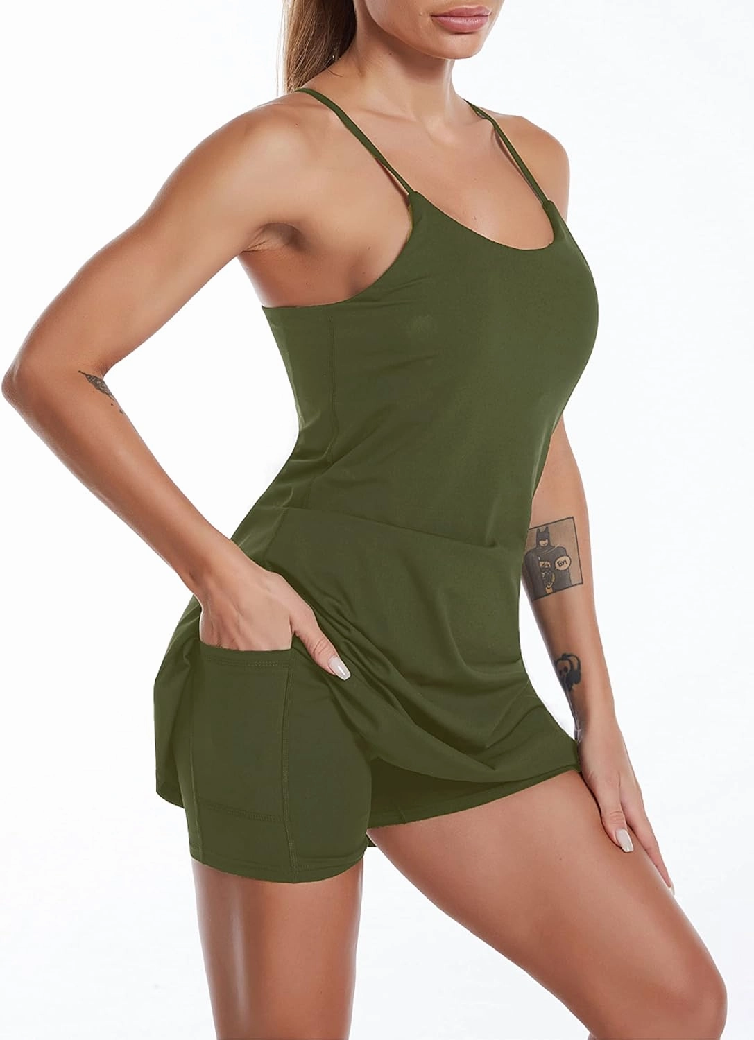 Women's Sleeveless Exercise Tennis Dress with Built-in Bra & Shorts Golf Workout Athletic Dresses Pockets