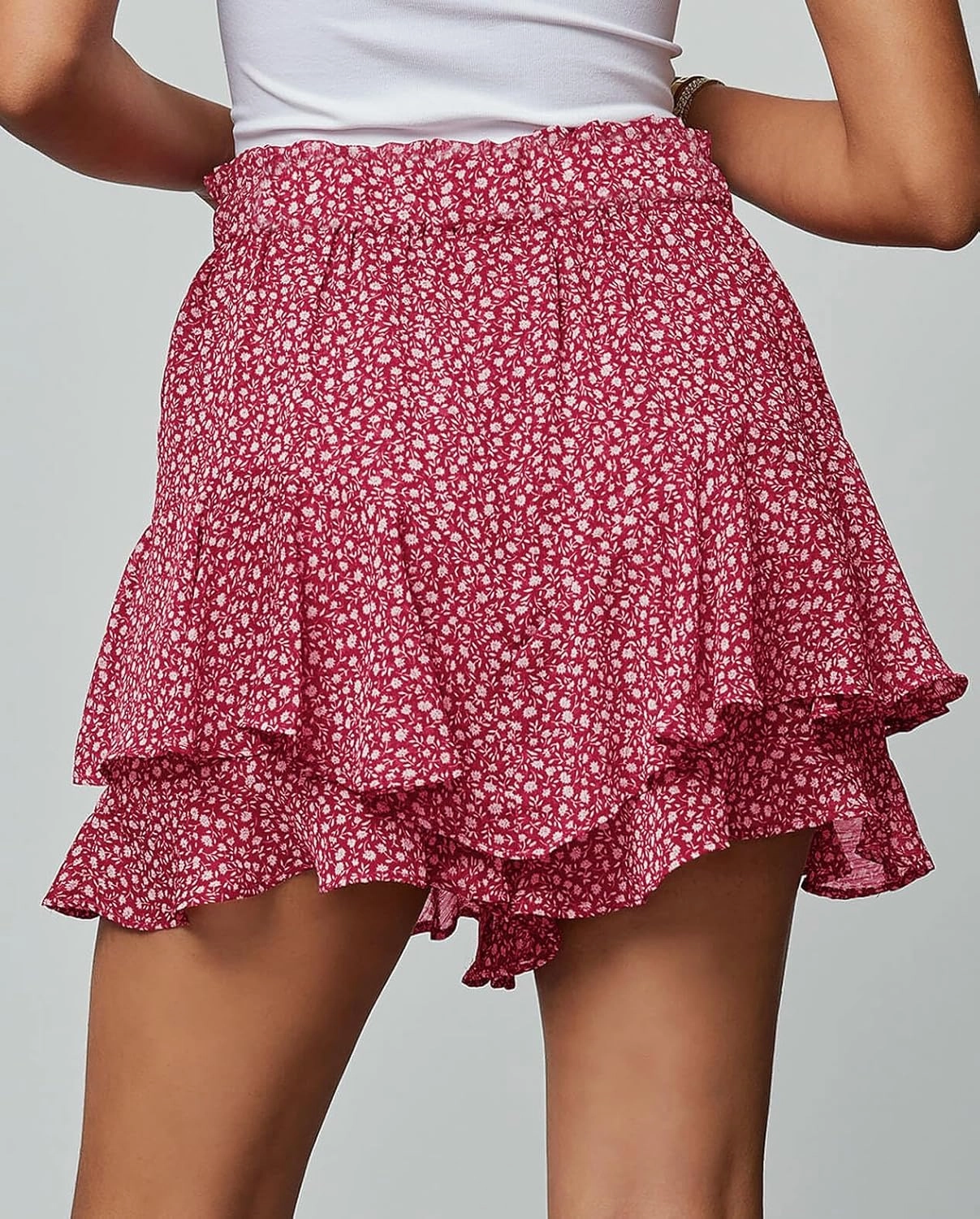Women's Summer Floral Ruffle Hem Skirt Shorts Elastic High Waist Layered Tiered Boho Mini Skorts Skirts