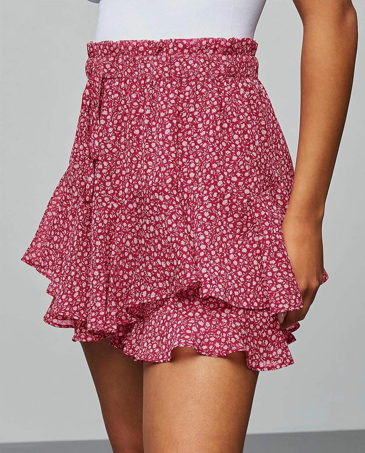 Women's Summer Floral Ruffle Hem Skirt Shorts Elastic High Waist Layered Tiered Boho Mini Skorts Skirts