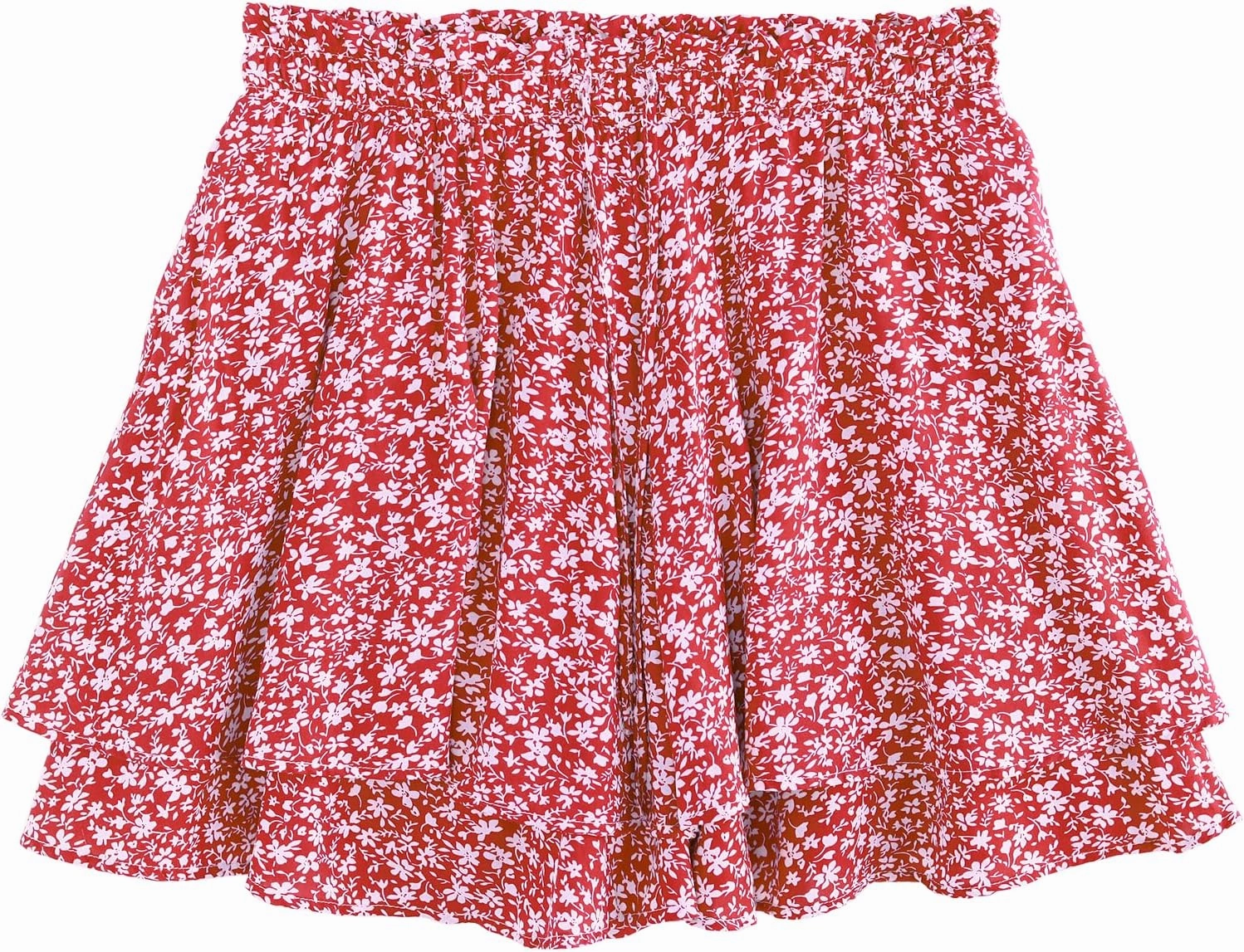 Women's Summer Floral Ruffle Hem Skirt Shorts Elastic High Waist Layered Tiered Boho Mini Skorts Skirts