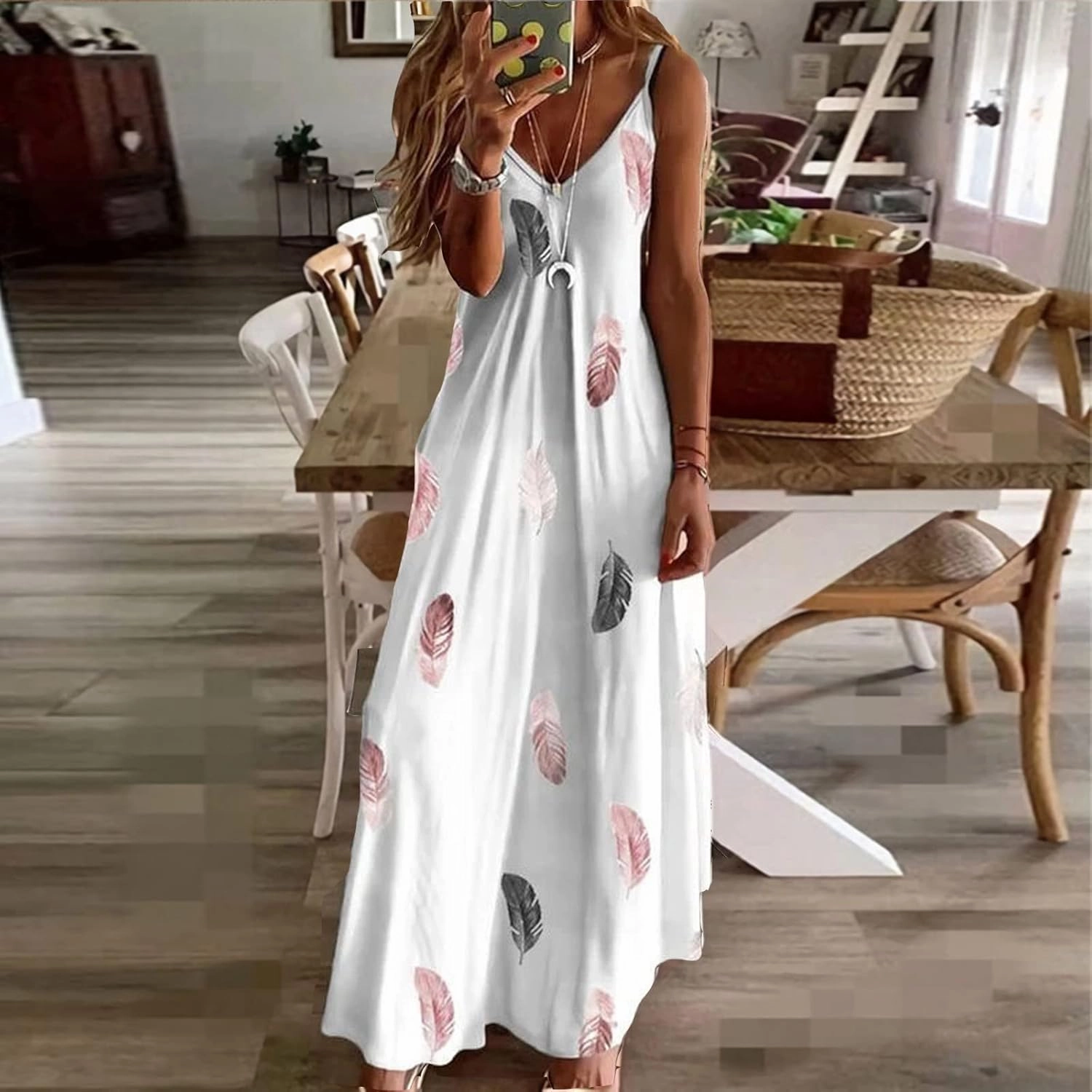 Women Spaghetti Strap Vintage Maxi Dresses Boho Floral Print Sun Dresses Loose Fit Casual Beach Dress