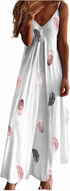 Women Spaghetti Strap Vintage Maxi Dresses Boho Floral Print Sun Dresses Loose Fit Casual Beach Dress